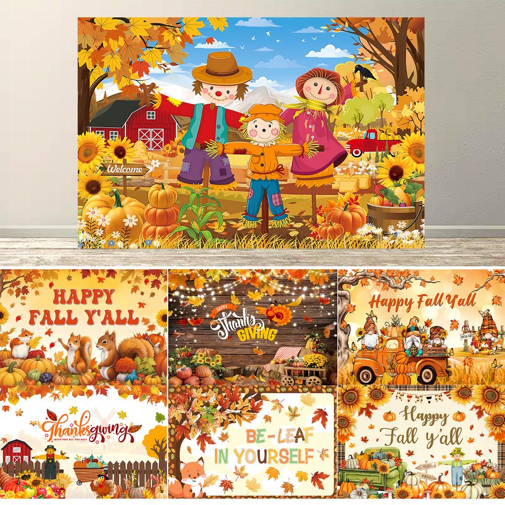 Hello Fall Backdrop Decoration Pumpkin Photography Background Banner Maple Leaf Photo Props for Thanksgiving Party Decoration