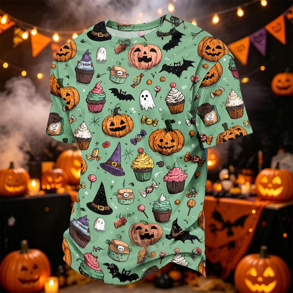Men Casual Corduroy Short Sleeve Lightweight Breathable Round Neck Top Halloween Pattern Printed Shirt