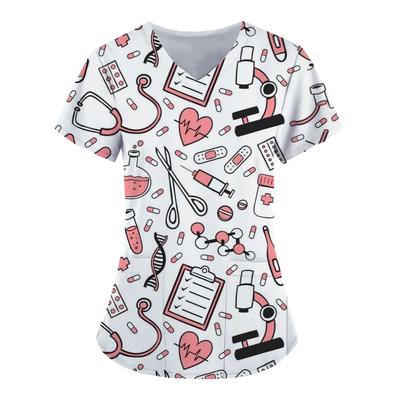 Medizinische Werkzeuge Grafik Gesundheitswesen Uniform Krankenschwester Klinik Krankenpflege Arbeitskleidung Krankenhaus T-Shirt lässig Kurzarm Bluse Frauen Medizin