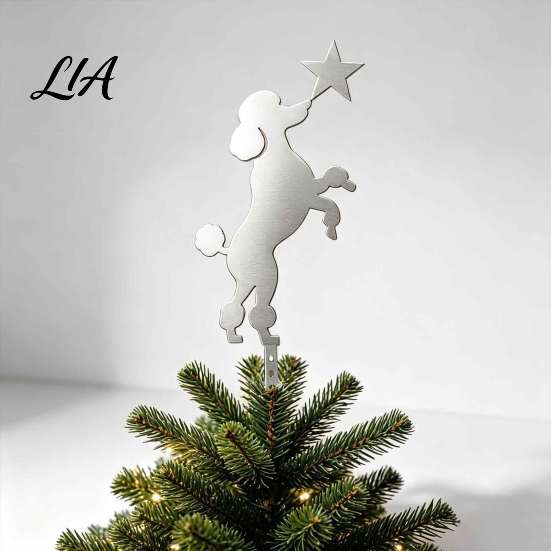 Christmas Tree Topper Standing Poodle Topper, Silver Silhouette Durable Metal Decoration, Secure Decorative Dog Ornament Plug-in Rod Easy Installation