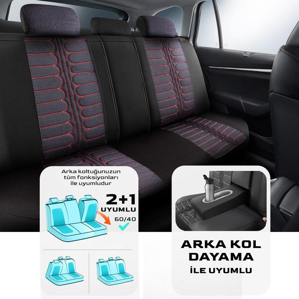 LONDRA SERİSİ İNGİLİZ ÖZEL JAKAR KUMAŞ OTO KOLTUK KILIF Kırmızı Siyah Nefes Alabilir Kumaş