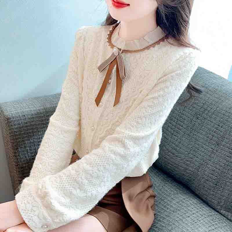 Winter Fashion New 2024 Long Sleeve Bow Stand Collar Apricot Velvet Lace Blouse Shirt Women Tops Blouses Shirts J808