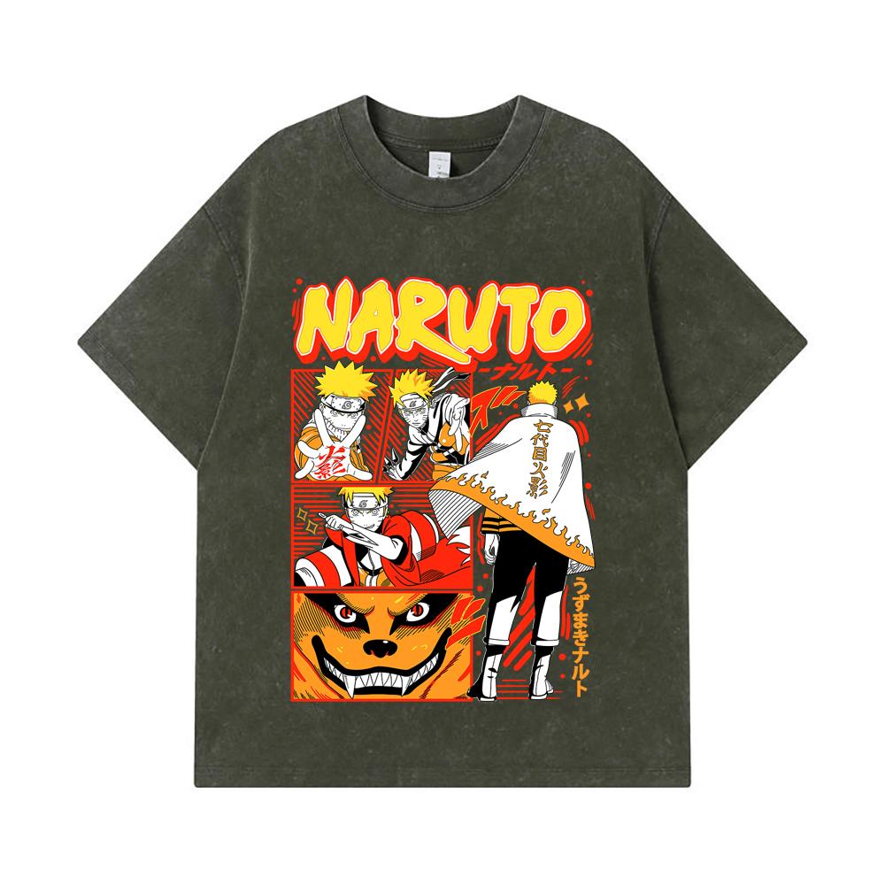 

275 GSM Washed T-shirts 100% Cotton Naruto V2 Hokage Print Unisex Heavy Cotton T Shirt S армия зеленый