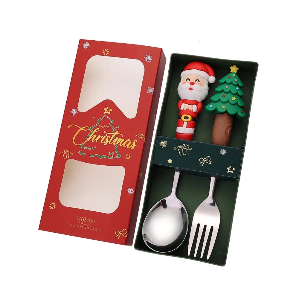 Christmas Dinnerware Stainless Steel With Luxury Gift Box Tableware Dessert Fork Coffee Spoon Santa Cutlery For Christmas