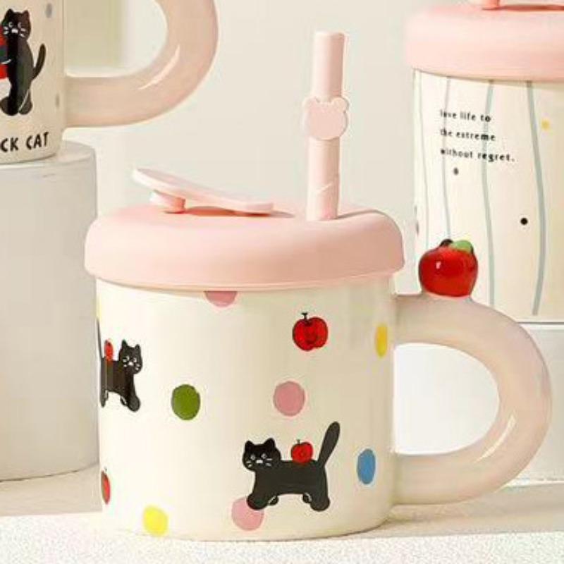 Summer Straw Cup Cute Cat Mug Water Cup with Lid Ceramic Cup Girl Couple Birthday Gift Souvenir