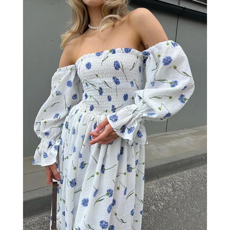 European and American-Style off-Shoulder Sexy Sexy High Waist Floral Pleat Split Lantern Sleeve Long sleeve Mid-Length Dress
