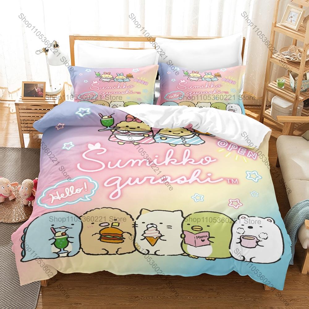 Sumikkogurashi Printed Bedding Set, Duvet Cover plus 2 Pillowcases, Adorable Cartoon Style Soft Microfiber Textiles