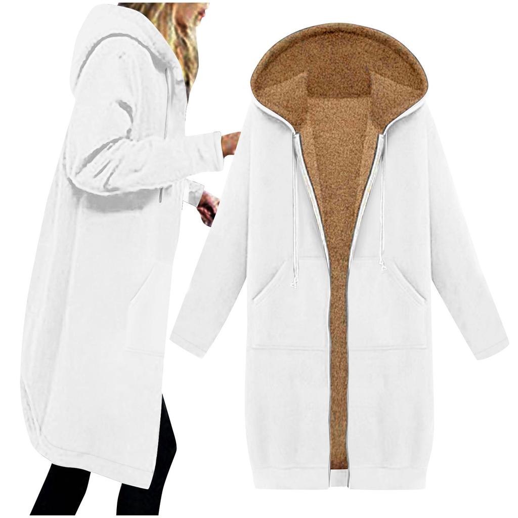 Damski modny, swobodny, jednolity kolor, polarowy sweter, średniej długości, swobodny, z kapturem