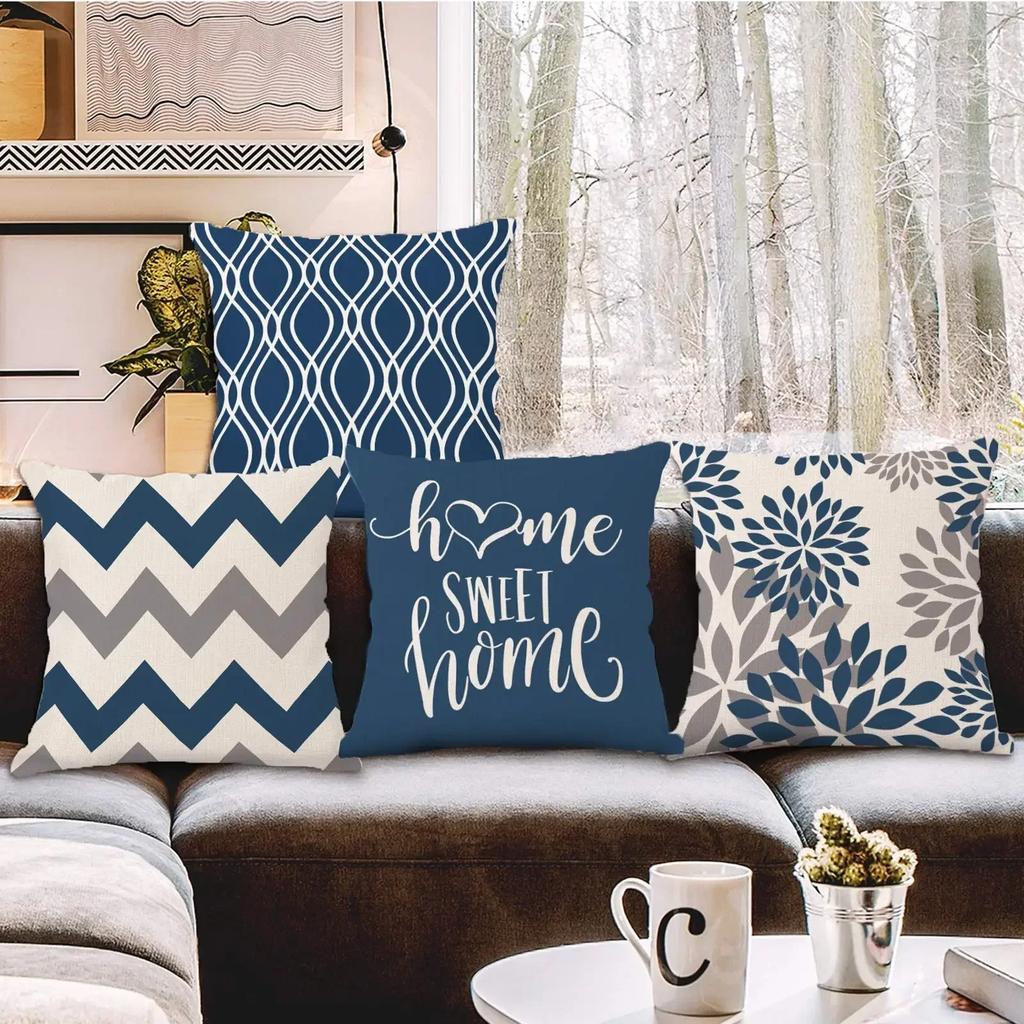 Blue and White Geometric Linen Pillowcase Sofa Cushion Cover Home Decoration Can Be Customized for You 40x40 45x45 50x50