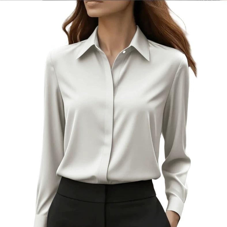 

Women s Long Sleeve Button Down Blouse - Elegant Office Chic Top with Classic Collar & Versatile Style XXL світло-сірого кольору