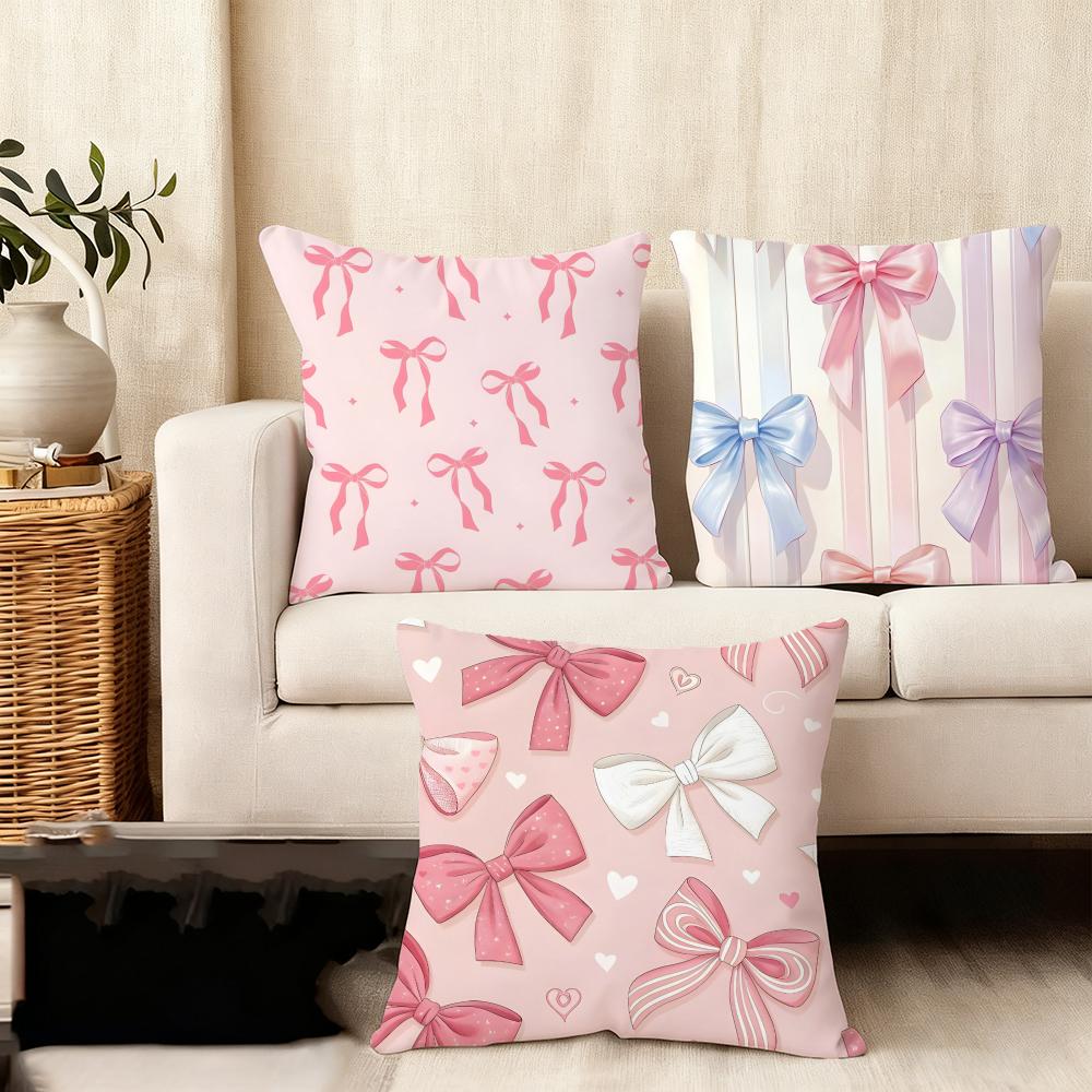 Pink Bow INS Cushion Cover Plush Fabric Soft DoubleSided Printed Sofa Warm Winter Home Child Gift Pillow Case