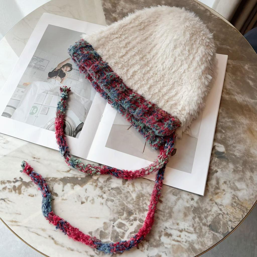 Winter Plüsch Pullover Mütze Farbe Spleißen Kordelzug Ohrenschutz Mütze Mode kalte und warme Strickmütze Damenmütze