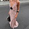 European and American women's clothing summer new sexy temperament V-neck slim-fit printed long suspender dress