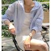 Women's Loose Sunshade Air Conditioned Open Cardigan Summer Slimming Shirt Short Striped Hooded Model Heat Protection