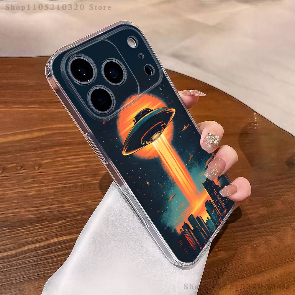 Funny Space UFO Thing Phone Case For iPhone 16,15,17,12,13,14,11 Max,Pro,Plus,X,XS,XR,SE4,E Mini Transparent Cover