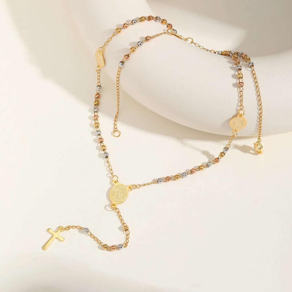 Prjewel Stainless Steel Virgin Vrand Three-Color Beaded Y-Shaped Necklaces for Women The Holy Spirit Cross Pendant Necklace New