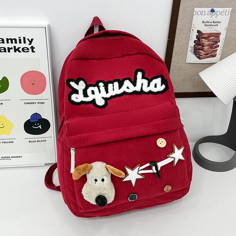 Vintage Versatile Corduroy School Bag Female College Student Cute Puppy Backpack High School Student Backpack красный