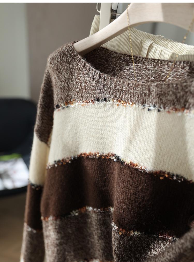 Matcha Chocolate Cashmere Wool Color Block Striped Knit Sweater - Women's Autumn Fashion