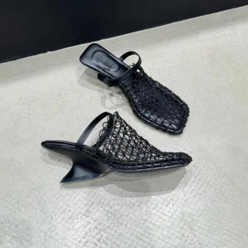 Strange Style Square Toe Women Slippers Air Mesh Height Increasing Fashion Solid Summer Outwear  Women Shoes 2025 New Arrivals