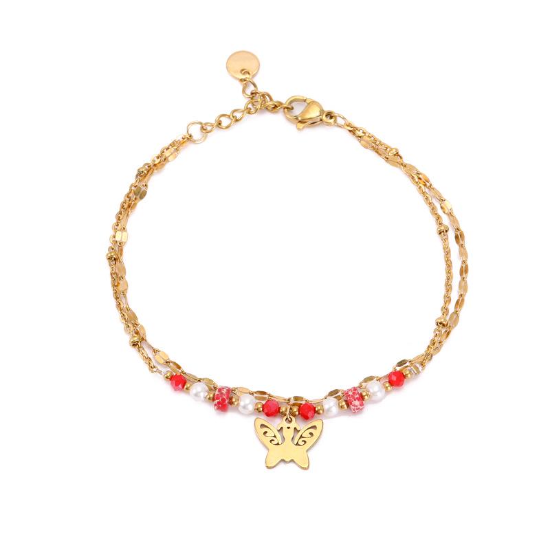 Stainless Steel Butterfly Bracelet: Double-Layer, Light Luxury Design with Natural Stone for Versatile Fashion
