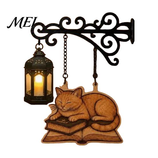 Gift for Readers And Cat Fans Vintage Bookshelf Light with Sleeping On Book Design, Retro Lantern Bookworm Office Accessory Lamp Reading, Decorative