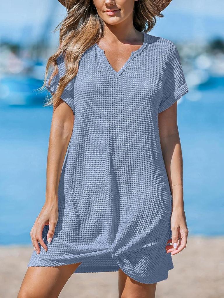 Women's European & American Fashion V-Neck Batwing Sleeve Plaid Knit Dress - Casual, Elegant, Breathable Style