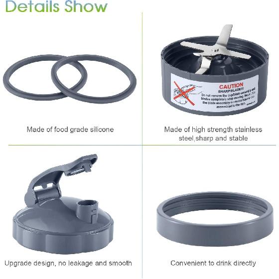 7 Pieces Nutribullet Blender Cups & Blade Replacement Set 32oz Huge Cup with 1 Flip-Top To-Go Lid and 1 Lid Ring & Premium Extractor Blade with