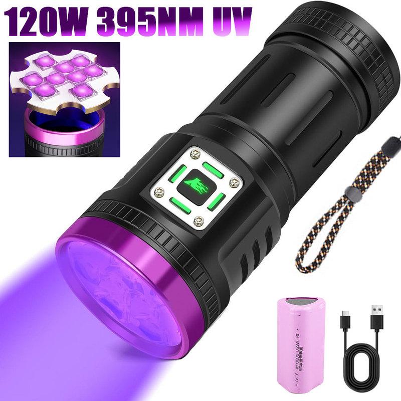120W 395NM UV Blacklight Flashlight 9-Core LED USB Rechargeable Torch for Pet Urine Detection Scorpion Hunting