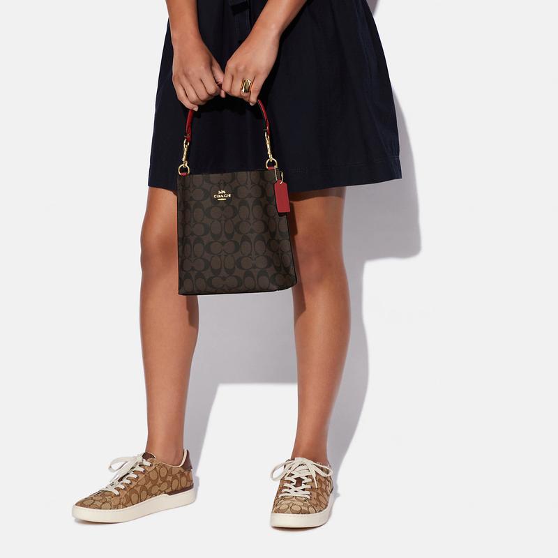 COACH Mollie Classic Logo Print Buckle Closure Detachable Shoulder Strap Faux Leather Bucket Bag Hand Shoulder Crossbody Bag 22 Women's Brown