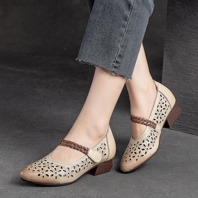 Women's Summer Vintage Hollow Out Sandals - Top Layer Cowhide Hook and Loop Closure Low Heel Shoes, Round Toe Comfortable Casual Shoes