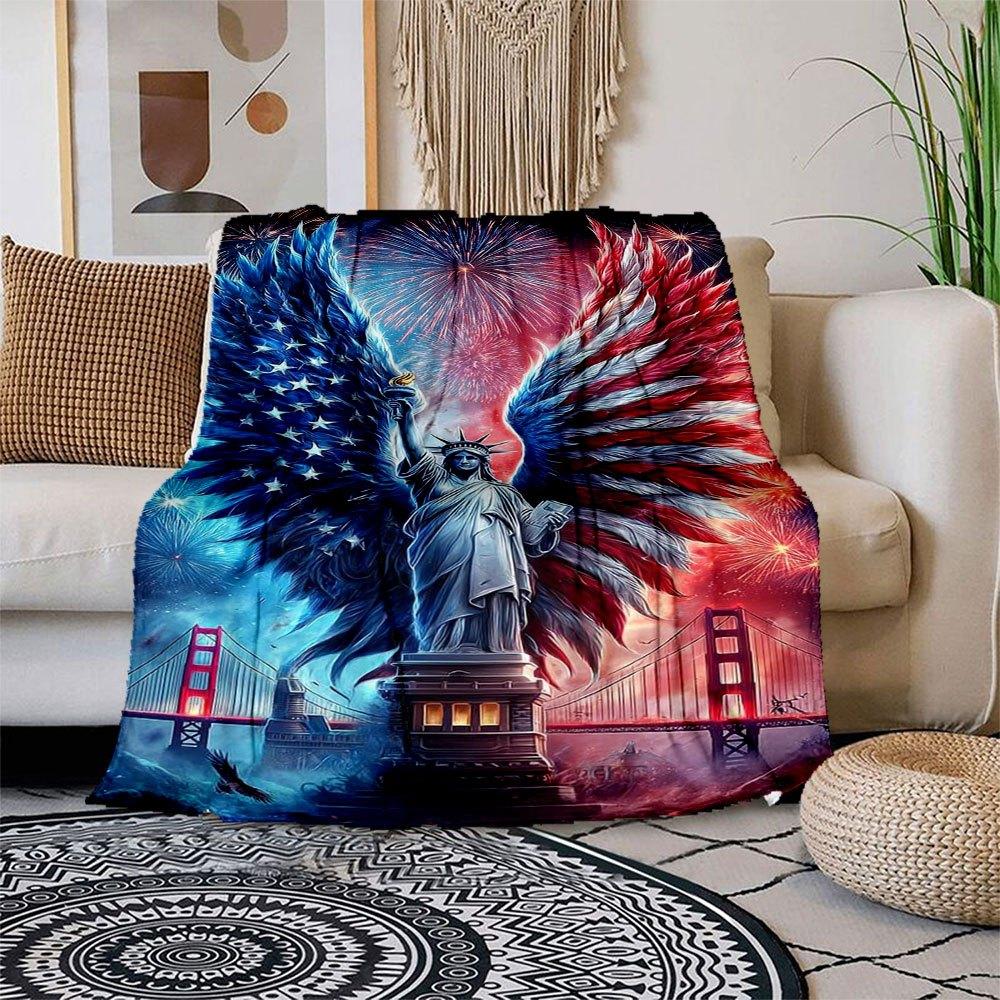 

Liberty Angel: Patriotic Wings Statue of Liberty Art Print Blanket Flannel Throw Blanket for Sofa, Bed, Travel, Camping, Office 100x150cm
