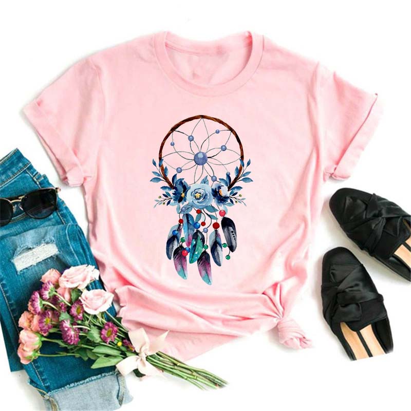 Fashion Feather Dreamcatcher T Shirt Women Harajuku Graphic Tees Shirt Femme Dream Catcher Women's T-shirt Clothes Tops
