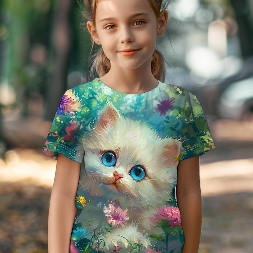 Children's Clothing Girl T-Shirt Short Sleeve 3D Cartoon Print Kids Summer Clothes Casual Round Neck Girl Clothes Tops