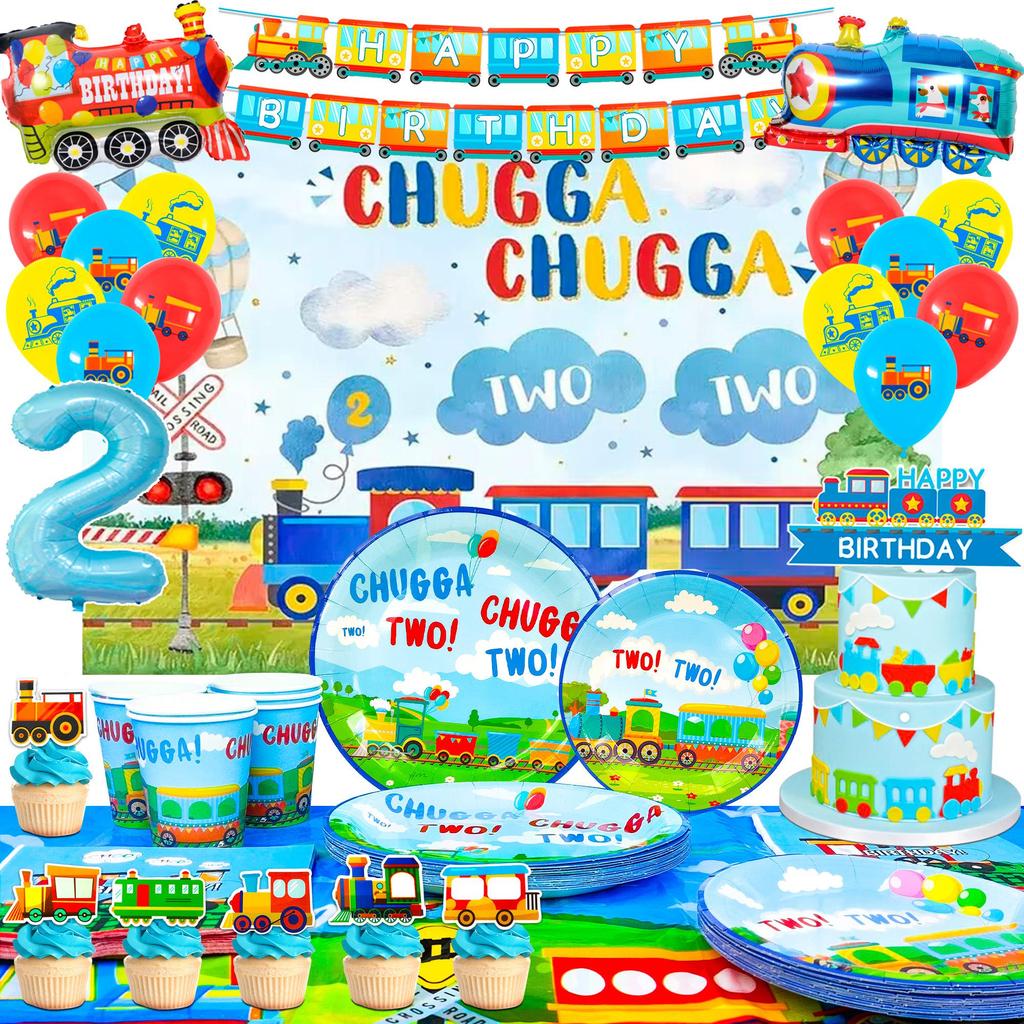 Chugga Chugga Two Two Party Decorations,Train Birthday Decorations&Train Party Tableware-Train Plates Banner Etc Train Birthday Party Supplies