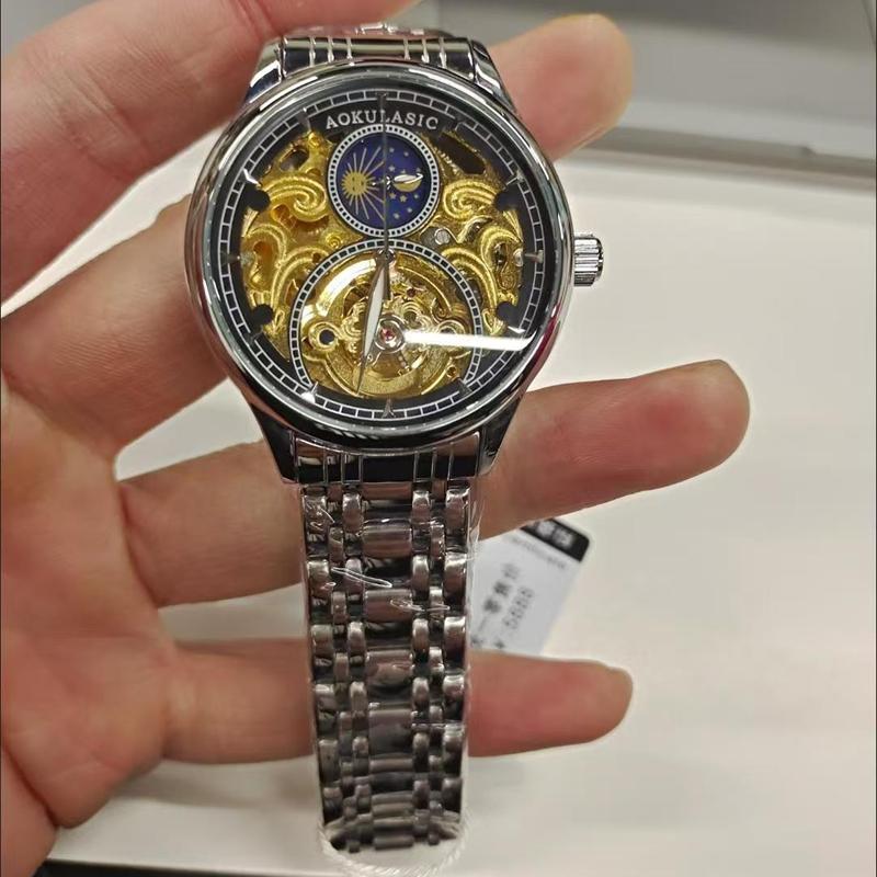 Royal Gold Skeleton Automatic Watch for Men Luxury Tourbillon Mechanical Watches Stainless Steel Strap Luminous Clock