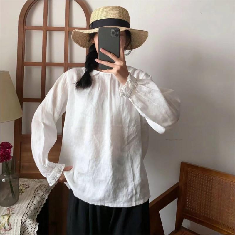 Johnature Ohrnovací límec Ležérní Dámské halenky Jaro Léto Vintage Lněné Volné Knoflíky Jednoduché Dámské košile Topy