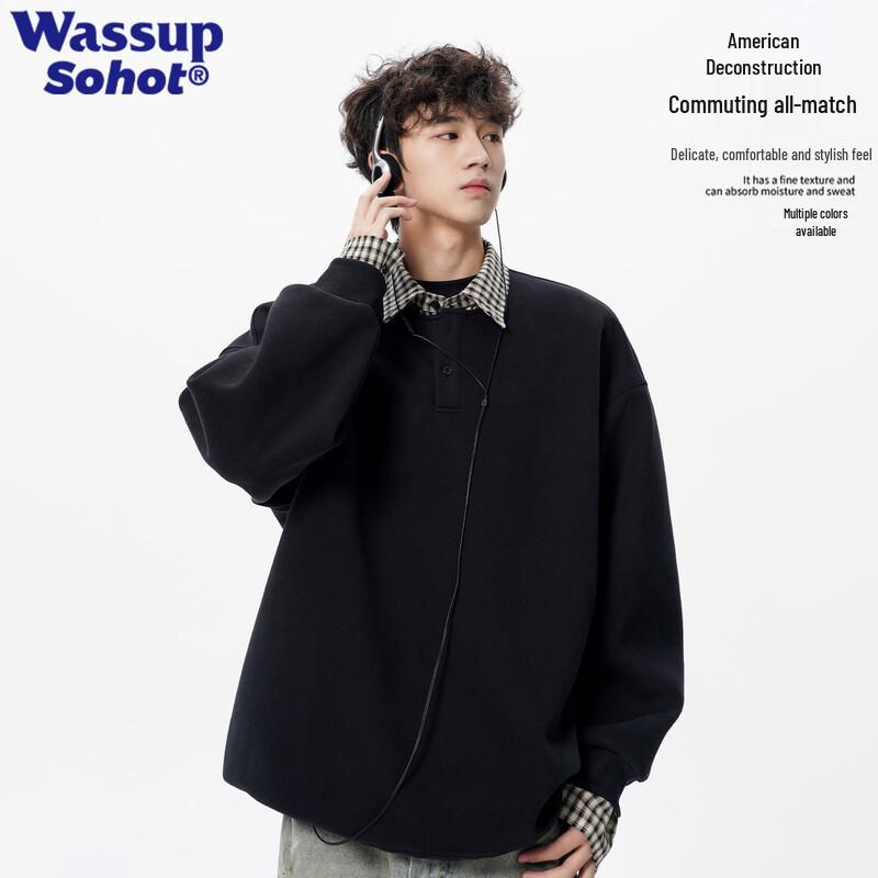 

Wassup Sohot Men s Plaid Faux Layered Polo Sweatshirt L