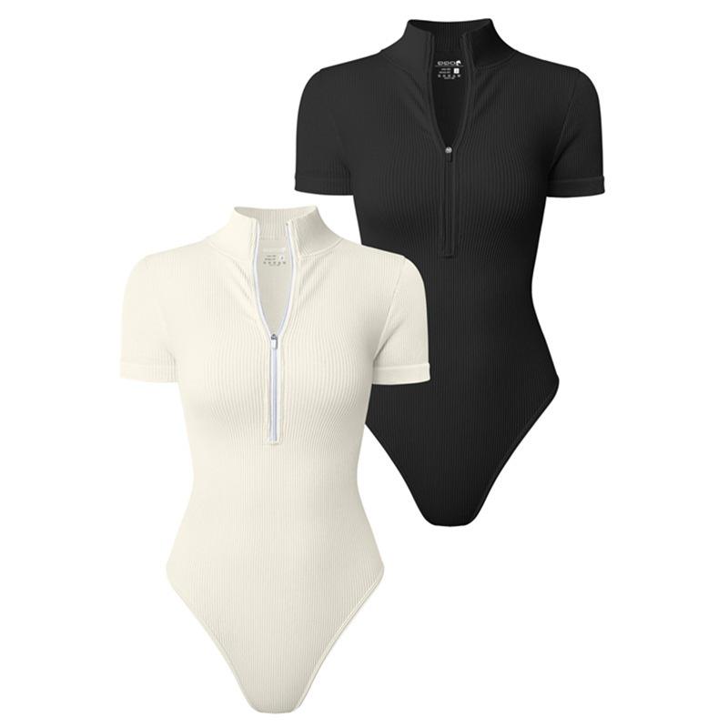 Dámský Sexy Žebrovaný Jednodílný Krátký Rukáv s Předním Zipem a Tanga Bodystocking