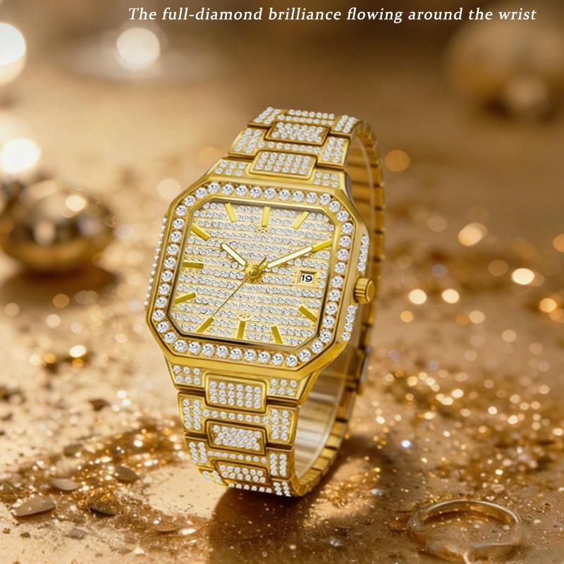 Luxury Full Diamond Watch Men Sparkling Rhinestone Dial Stainless Steel Bracelet Women Elegant Bling Dress Watch