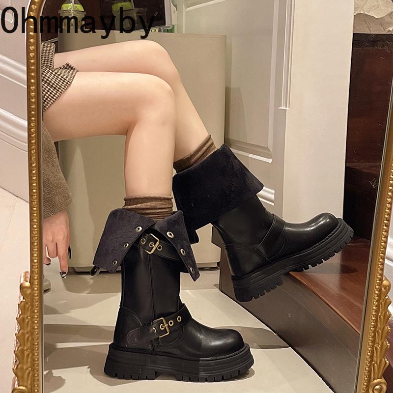 Winter Punk Style Women Knee High Boots Designer Belt Buckle Slip On Shoes Elegant Thick Bottom Knight Long Botas Largas Mujer