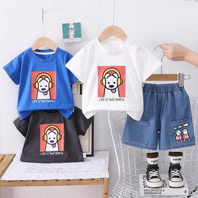 0-5-jährige Kinder Kurzarm-Set Jungen Cartoon Rundhals-T-Shirt lässige Denim-Shorts Zweiteiliges Set