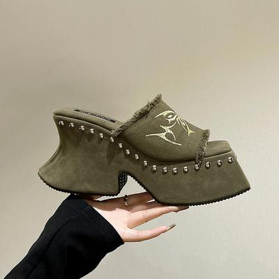 Punk Chunky Heels Mule Shoes Sandals For Women Rivet Platform Slide Sandals Open Toe 2025 Summer Trendy Shoes Street Women Shoes