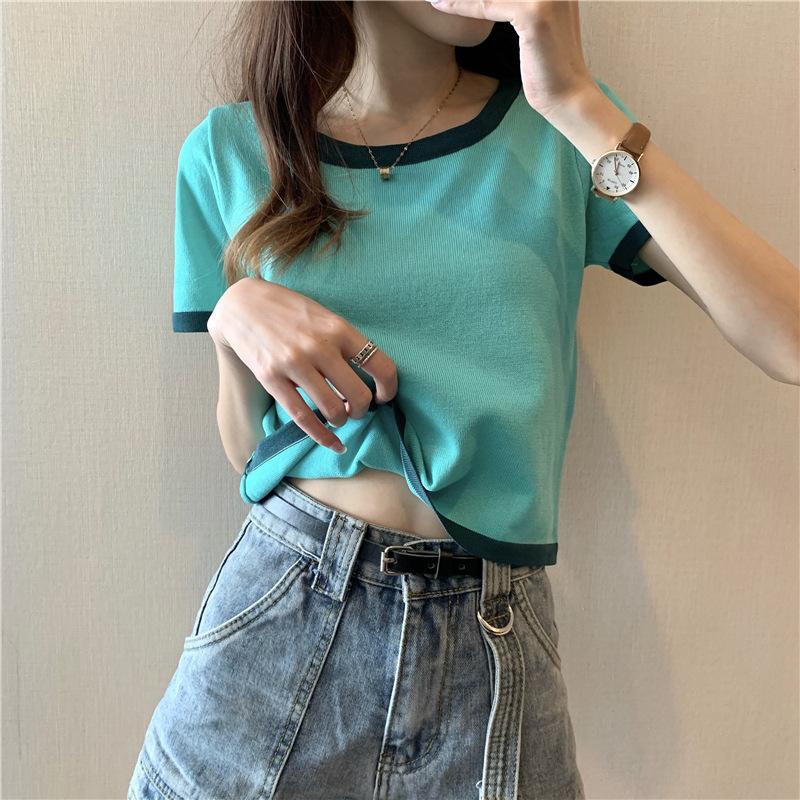 Summer Thin Retro Korean Short Sleeve T-Shirt Contrast Short T-shirt Top Women's Ins Fashion