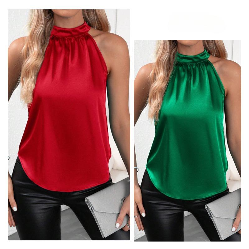 Gilet d'été en polyester pour femme, couleur unie, épaules dénudées, col suspendu, sans manches, t-shirts pour femme