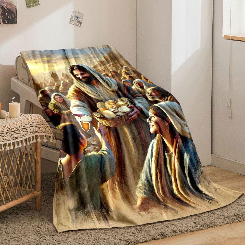 Jesus Distributes Bread Blanket  Printed Blanket for Living Room Bed Couch Lunch Break Soft Cozy Blanket for Friend's Festival Gift