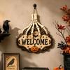 Halloween Entryway Welcome Plaque, Resin Skeleton Hand Hanging Sign with Bat and Pumpkin Accent for Door Decor