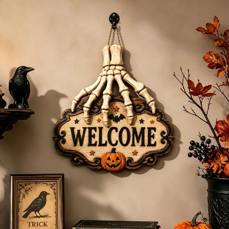 Halloween Entryway Welcome Plaque, Resin Skeleton Hand Hanging Sign with Bat and Pumpkin Accent for Door Decor