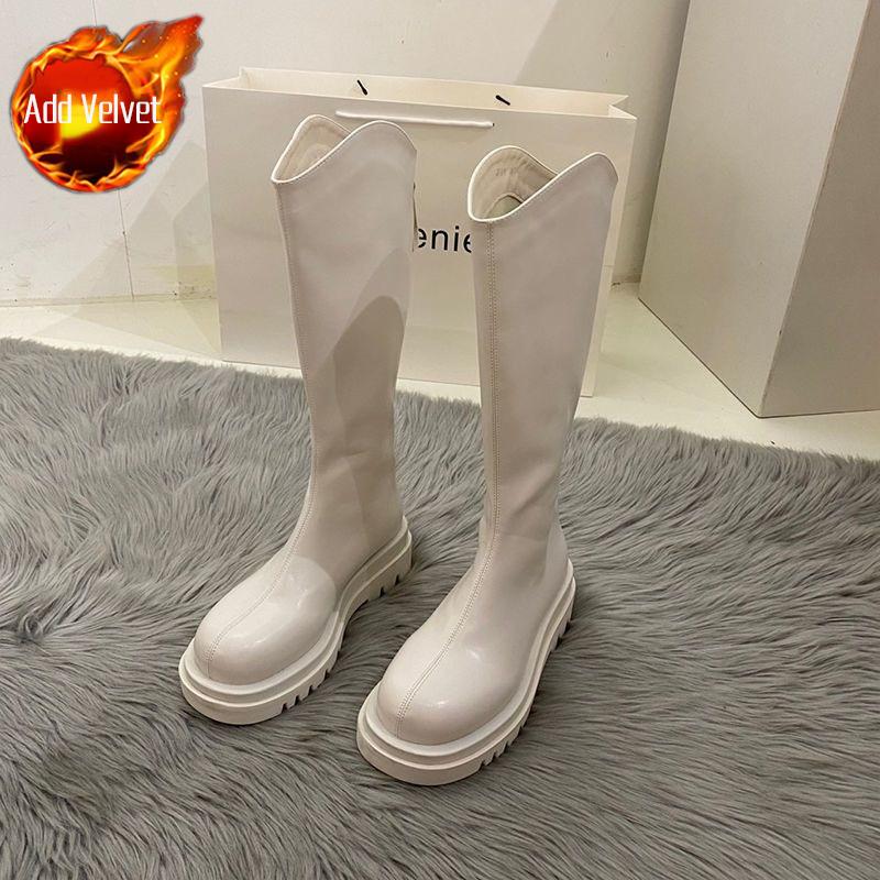 Fashion Solid Color Fleece-Lined Women's Long Boots Autumn Winter Comfortable and Elegant Trend 2025 Pu Hot Ladies Knee High Shaft Shoes
