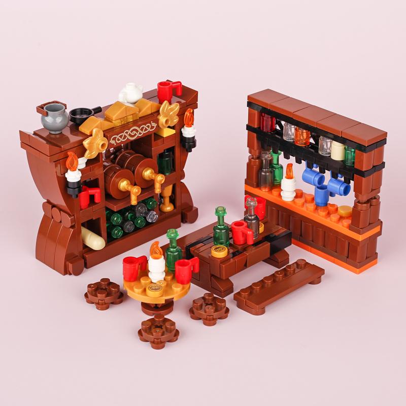 MOC Mittelalterliche Weinpresse Bausteine Set Esstisch Fass Weinkeller Weinstock Ziegel Regale Kamin Spielzeug Kindergeschenk
