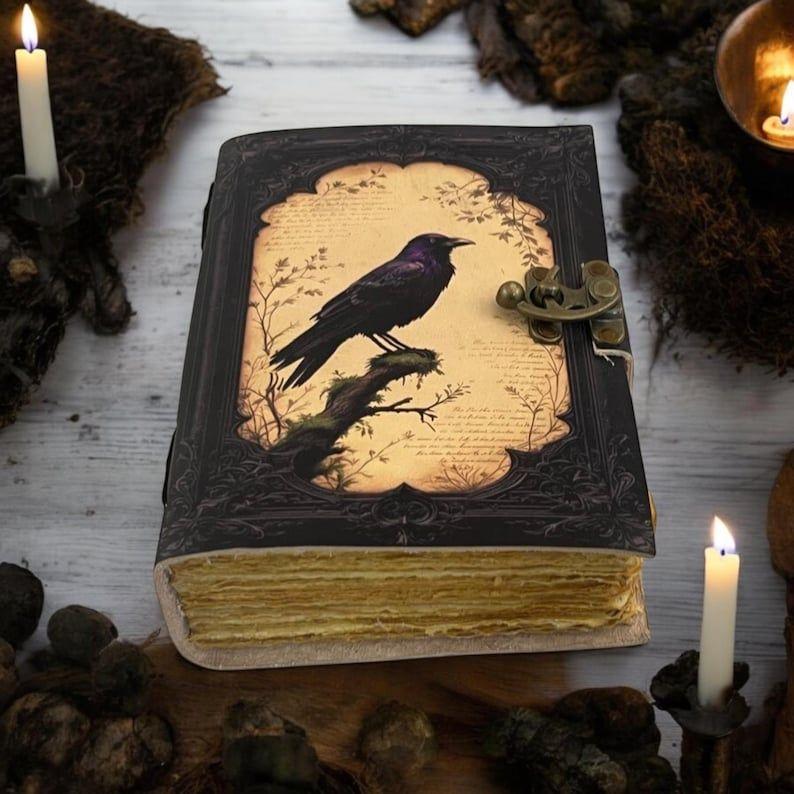 

Grimoire Vintage leather journal, Raven Leather Journal, Blank spell book of shadows Celestial Gifts For Him Her 7 x 5 in - 200 Sheet